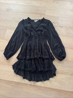 LoveShackFancy Black Lace Trim long sleeve dress